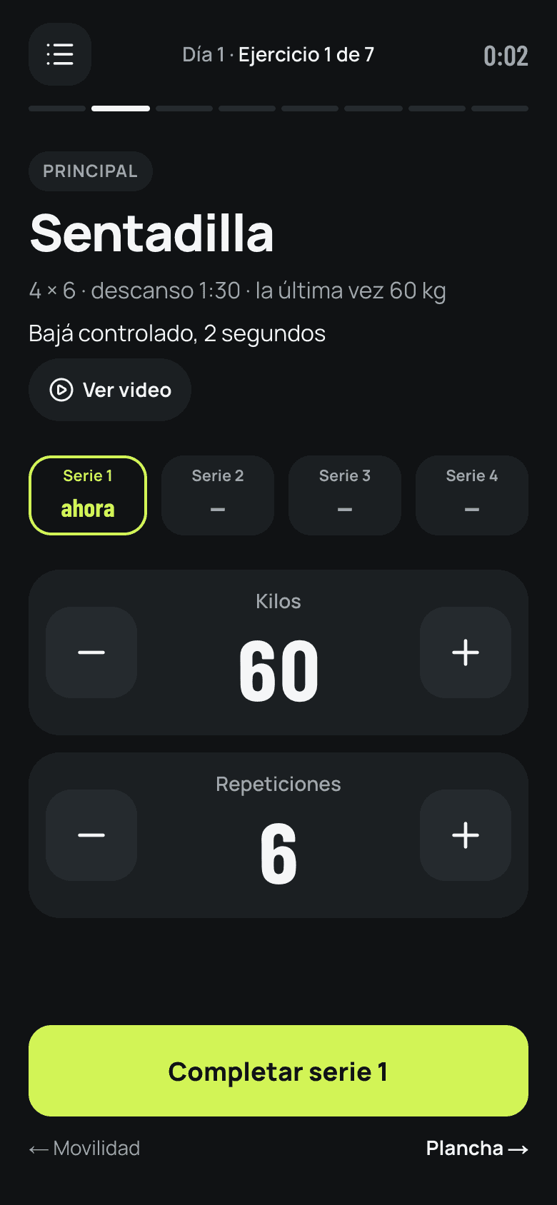 Pantalla de entrenamiento: Sentadilla, 4 series de 6, con kilos y repeticiones