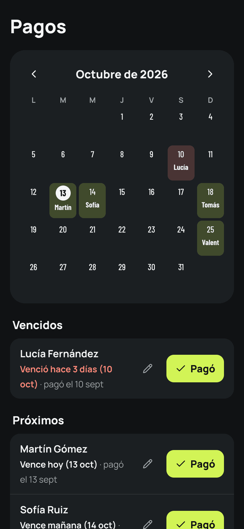 Calendario de pagos de los alumnos